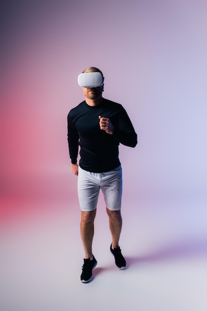 A person wearing a sleek VR headset, fully immersed in a virtual reality game. The background shows a futuristic cityscape with flying vehicles, and the person's hands are interacting with the virtual environment using advanced haptic gloves.