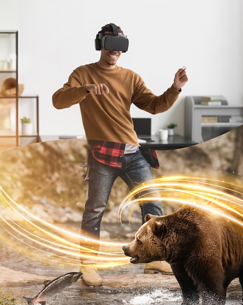 A person wearing a VR headset and holding controllers, immersed in a virtual gaming environment displayed on a large screen behind them, illustrating the immersive experience of VR gaming.