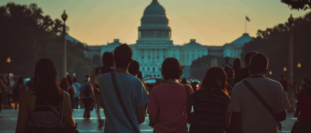A photo of a group of immigrants standing in front of the US Capitol Building, symbolizing the hope and aspirations of those seeking a new life in America.