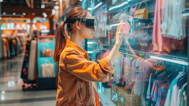 A person wearing AR glasses in a retail store, showcasing interactive product information and virtual try-on features, highlighting the immersive shopping experience of augmented reality.