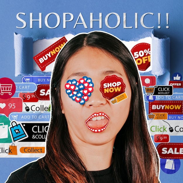 A collage showcasing different social media platforms with integrated shopping features. Highlight examples from Instagram Shopping, Facebook Marketplace, and Pinterest product pins.