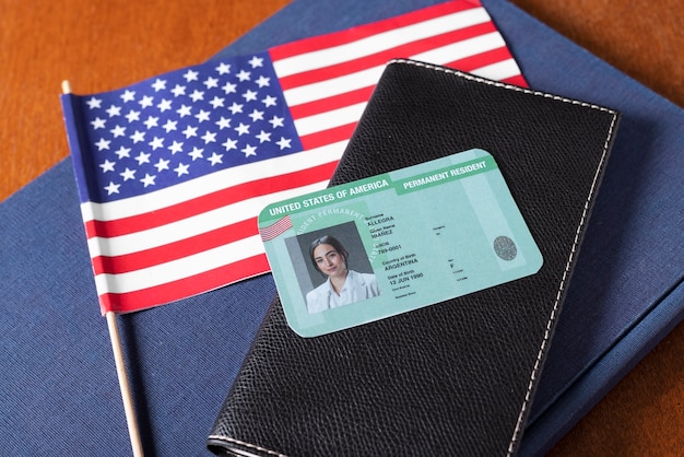A close-up of various forms of identification, including a driver's license, passport, and state ID card, set against a backdrop of a polling place.