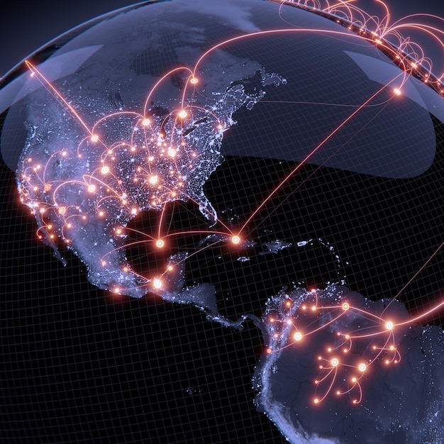 A digital rendering of a global network overlaid on a map of the United States, highlighting hotspots representing potential cyberattack origins targeting US election infrastructure. The image uses binary code and secure lock icons to symbolize the complex cybersecurity landscape and the constant threat of foreign interference.