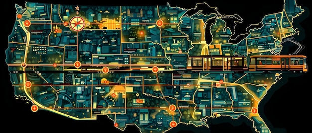 A map of the United States highlighting areas receiving significant infrastructure funding, overlaid with icons representing different projects such as roads, bridges, and broadband towers.
