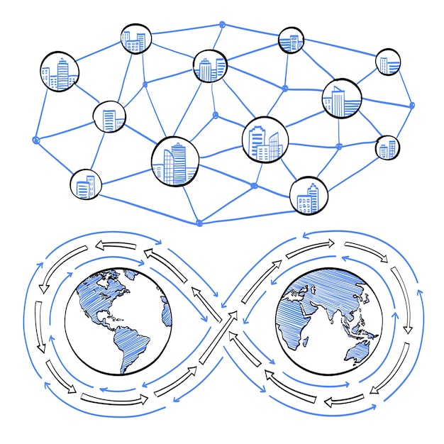 A digital graphic showing interconnected nodes representing various sectors of the economy, connected by lines symbolizing infrastructure improvements. The graphic conveys the idea of interconnectedness and growth.