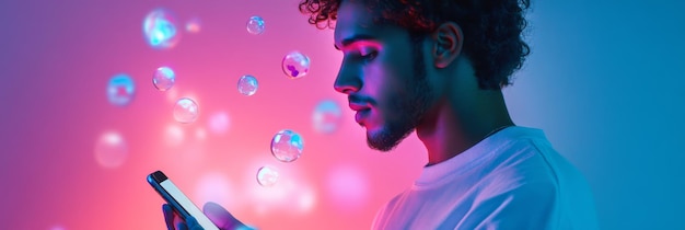 A person looking at their smartphone, surrounded by digital bubbles representing different social media platforms, with the bubbles reflecting distorted and exaggerated political opinions.