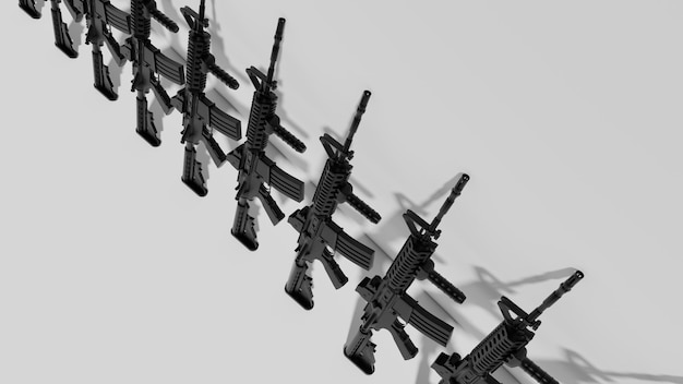 A split-screen image illustrating the debate over assault weapons: On one side, an AR-15 rifle with military-style features; on the other, a group of people marching against gun violence, holding signs advocating for an assault weapons ban.