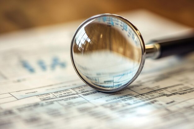 A magnifying glass over financial statements, with the words 