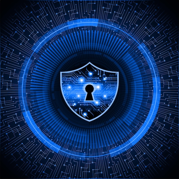 A digital illustration of a shield with a lock symbol inside, surrounded by data streams. The background is a dark blue with binary code patterns.