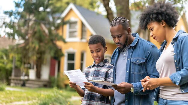 A diverse family standing in front of their suburban home, smiling and holding documents related to the federal energy efficiency grant program.