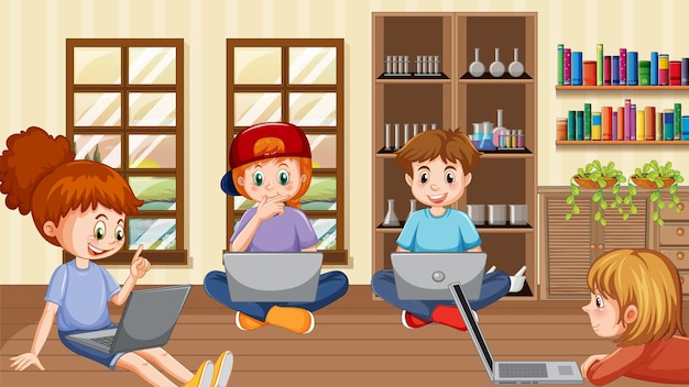 A classroom scene with students engaged in various learning activities, such as reading, using computers, and participating in group discussions. Bright colors and diverse representation of students are included.