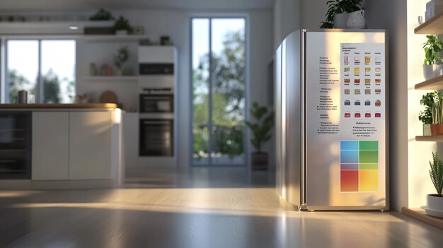 A close-up shot of an Energy Star certified refrigerator in a modern kitchen, highlighting its energy-efficient label and features.