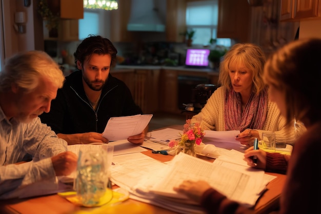 A family sitting at a table, reviewing tax documents together with concerned but hopeful expressions. The scene is set in a cozy home environment, with soft lighting.