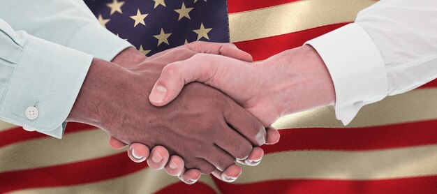 A split image showing a Democrat and Republican shaking hands, symbolizing bipartisan efforts, but also displaying subtle tension, hinting at underlying political differences revealed by voting records.