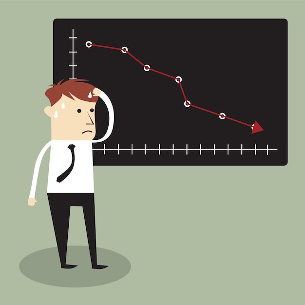 A worried person looking at a graph displaying a downward trend.
