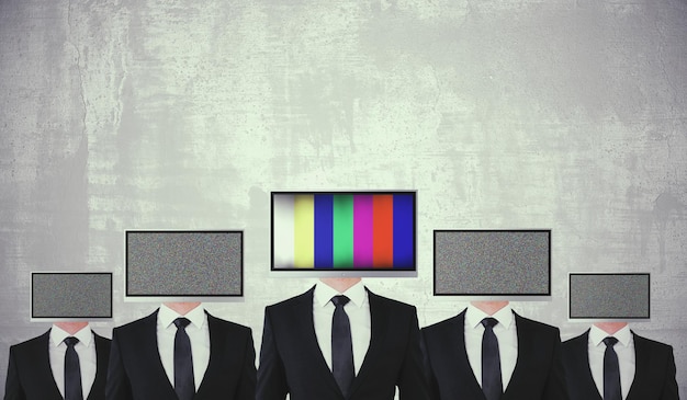 A TV screen displaying a political advertisement with a prominent disclosure label, surrounded by diverse voters looking on with varying expressions of interest and skepticism.